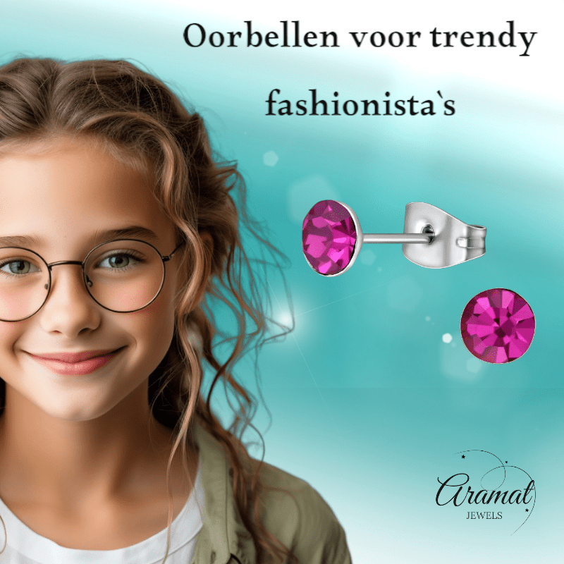 Stalen Kristal Oorbellen met fuchsiaroze steentje – Zilverkleur – 5mm - Aramat Jewels - Oorbellen - cadeautip