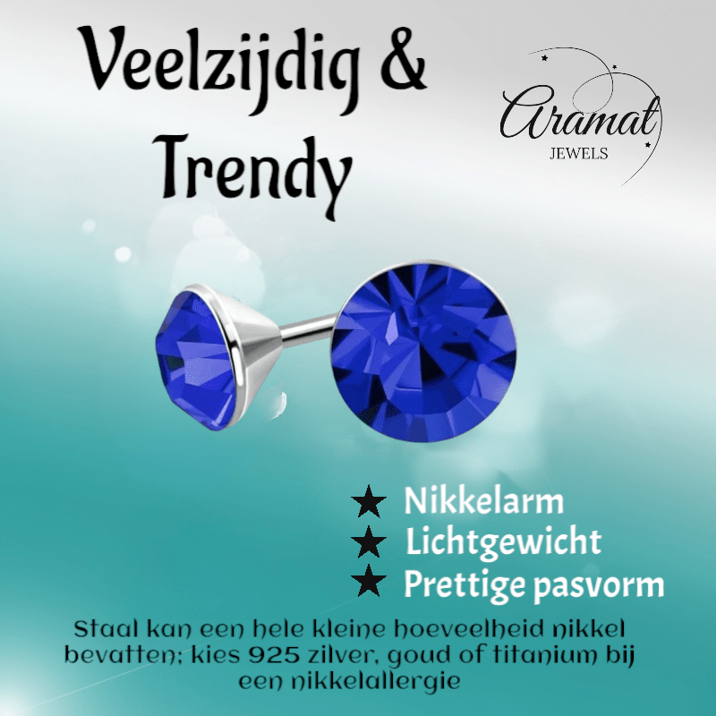 Stalen Kristal Oorbellen met koningsblauw steentje – Zilverkleur – 3mm - Aramat Jewels - Oorbellen - cadeautip