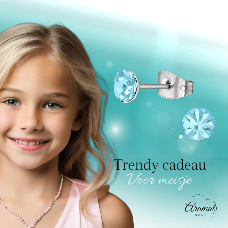 Stalen Kristal Oorbellen met lichtblauw steentje – Zilverkleur – 5mm - Aramat Jewels - Oorbellen - cadeautip
