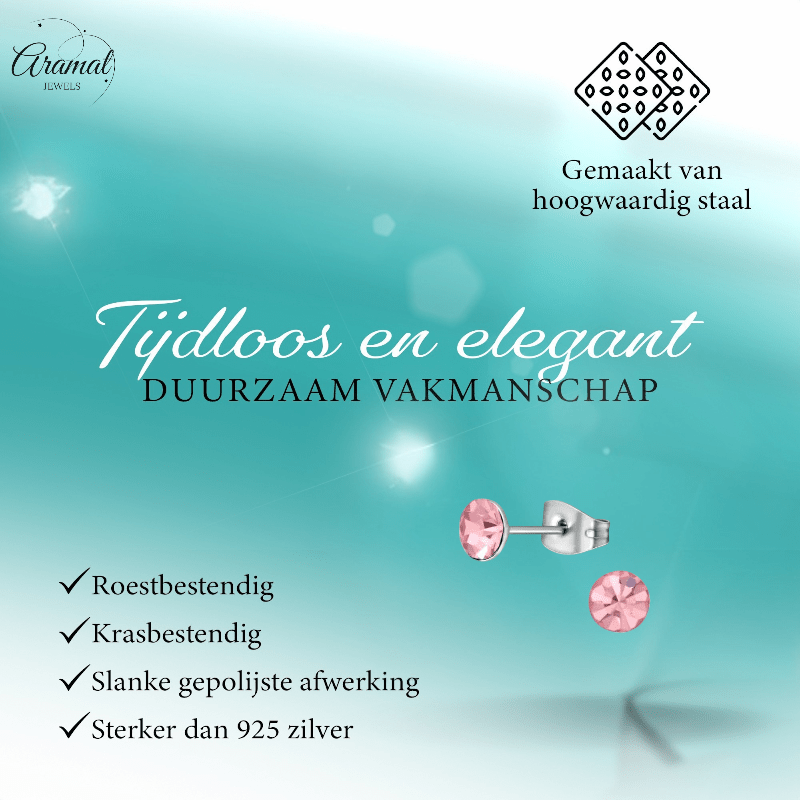 Stalen Kristal Oorbellen met lichtroze steentje – Zilverkleur – 5mm - Aramat Jewels - Oorbellen - cadeautip