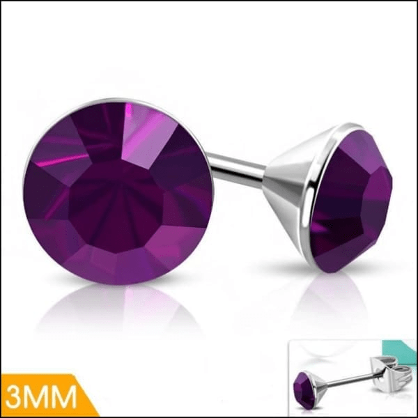 Stalen Kristal Oorbellen met paars steentje – Zilverkleur – 3mm - Aramat Jewels - Oorbellen - cadeautip