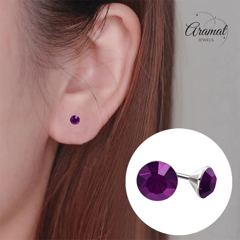 Stalen Kristal Oorbellen met paars steentje – Zilverkleur – 3mm - Aramat Jewels - Oorbellen - cadeautip