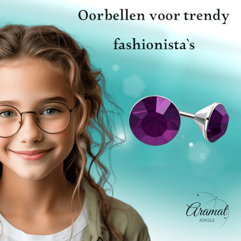 Stalen Kristal Oorbellen met paarse steentjes – Zilverkleur – 4mm - Aramat Jewels - Oorbellen - cadeautip