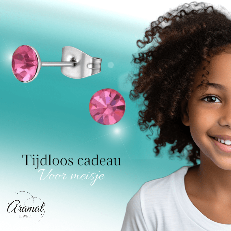 Stalen Kristal Oorbellen met roze steentje – Zilverkleur – 5mm - Aramat Jewels - Oorbellen - cadeautip