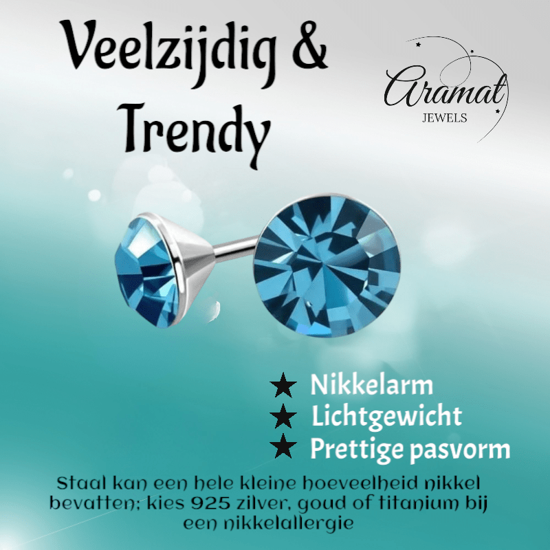 Stalen Kristal Oorbellen met saffierblauw steentje – Zilverkleur – 3mm - Aramat Jewels - Oorbellen - cadeautip