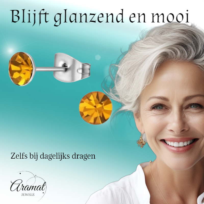 Stalen Kristal Oorbellen met topaas oranje steentje – Zilverkleur – 5mm
