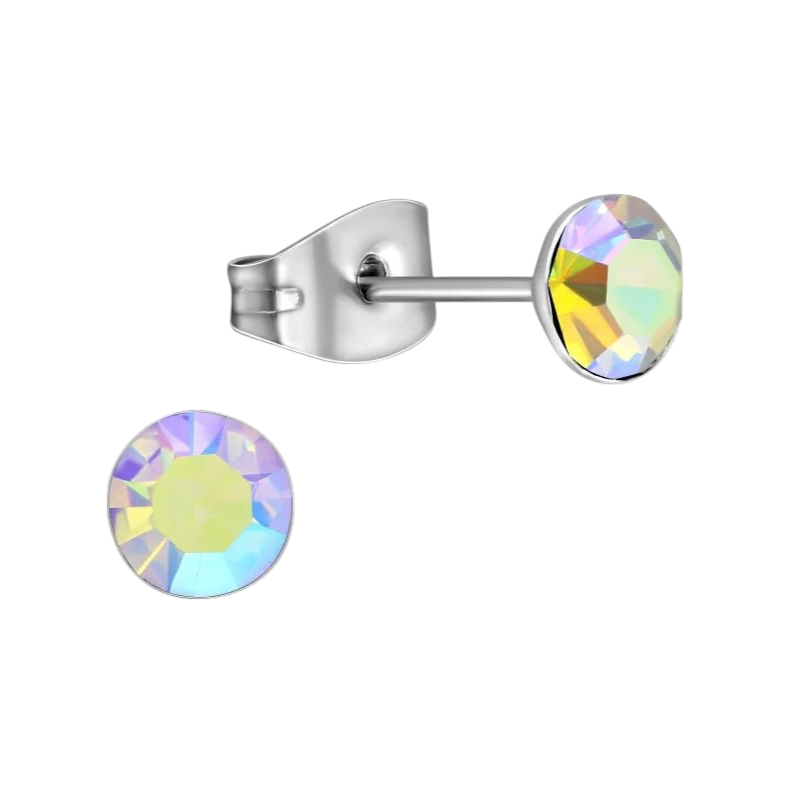 Stalen Kristal Oorbellen met AB transparant steentje – Zilverkleur – 5mm