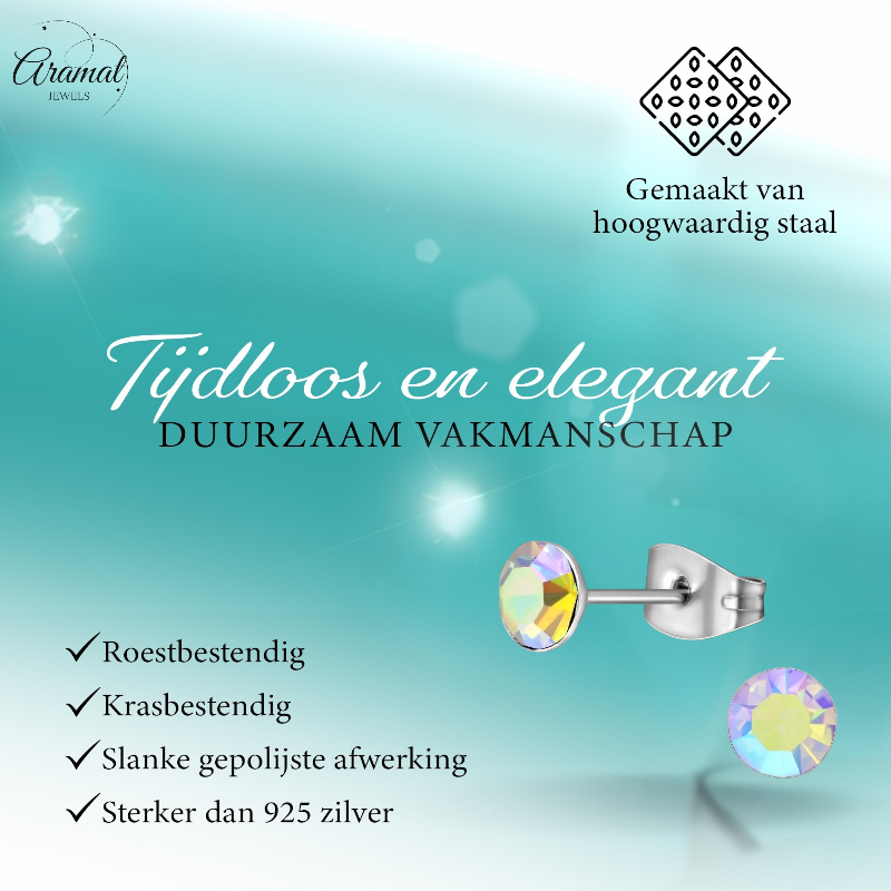Stalen Kristal Oorbellen met AB transparant steentje – Zilverkleur – 5mm