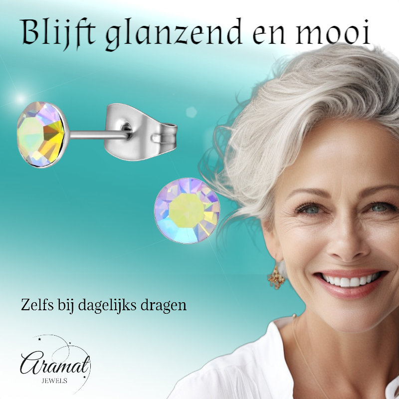 Stalen Kristal Oorbellen met AB transparant steentje – Zilverkleur – 5mm
