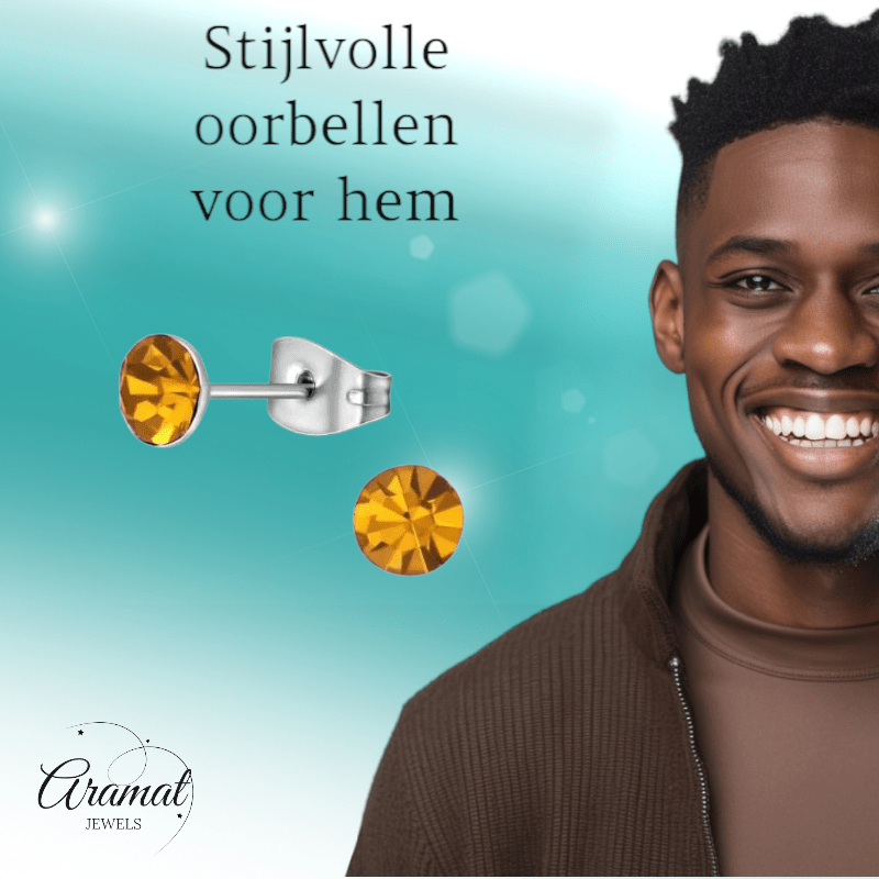 Stalen Kristal Oorbellen met topaas oranje steentje – Zilverkleur – 5mm - Aramat Jewels - Oorbellen - cadeautip