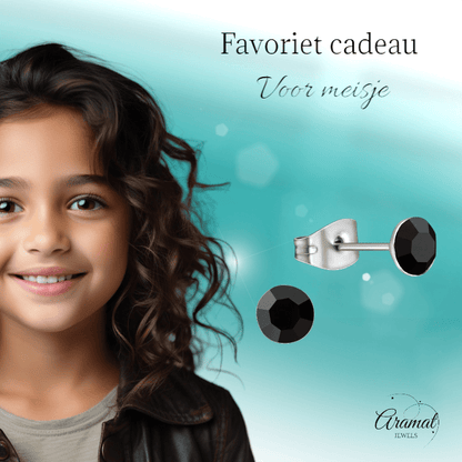 Stalen Kristal Oorbellen met zwart steentje – Zilverkleur – 5mm - Aramat Jewels - Oorbellen - cadeautip