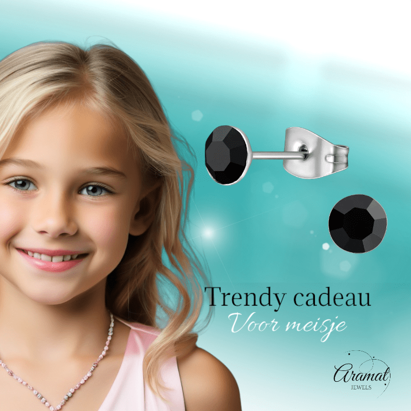 Stalen Kristal Oorbellen met zwart steentje – Zilverkleur – 5mm - Aramat Jewels - Oorbellen - cadeautip