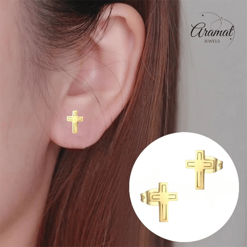 Stalen Kruisjes Oorbellen Goudkleur – 10x7mm - Aramat Jewels - Oorbellen - cadeautip