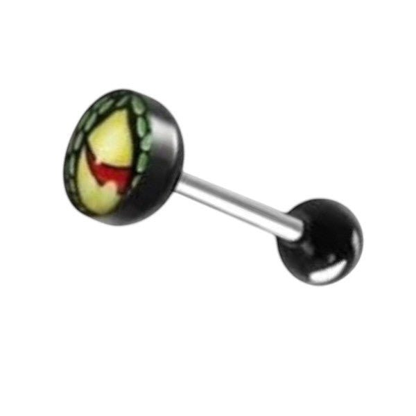 Aramat Jewels surgical steel tongue piercing with black acrylic ball and a decorative top featuring a yellow and red eye design.