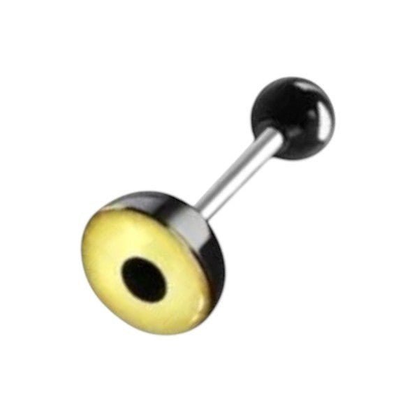 Aramat Jewels surgical steel tongue piercing with a black acrylic ball and a yellow logo top with a black center.