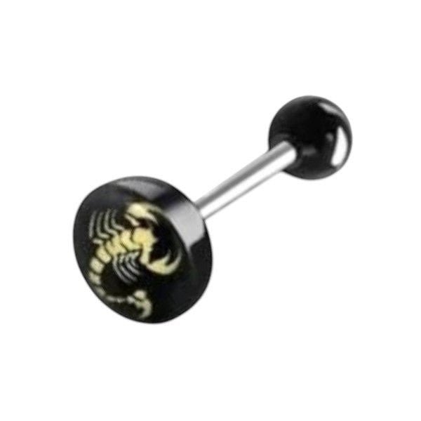 Aramat Jewels black acrylic ball tongue piercing with a silver scorpion logo design on a black background.