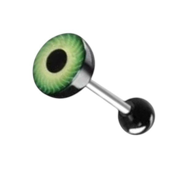Aramat Jewels surgical steel tongue piercing with a black acrylic ball and a green eye design on the top.