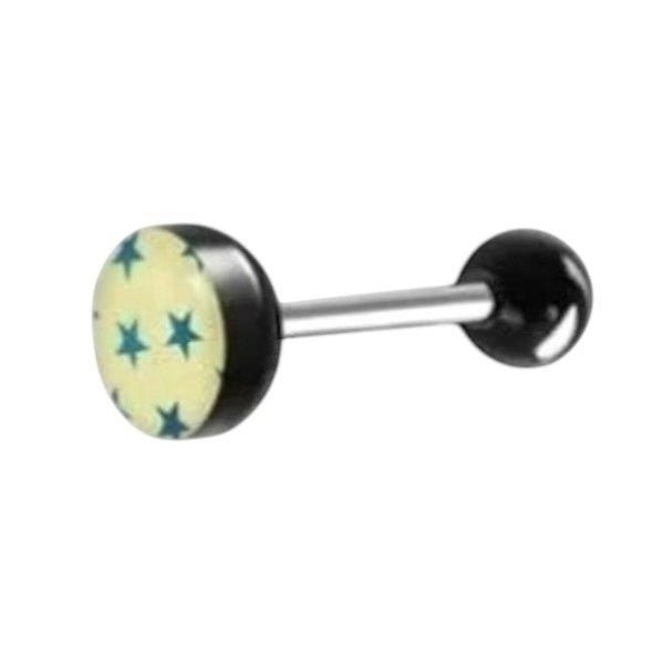 Aramat Jewels surgical steel tongue piercing with a black acrylic ball and a light yellow top featuring blue stars.