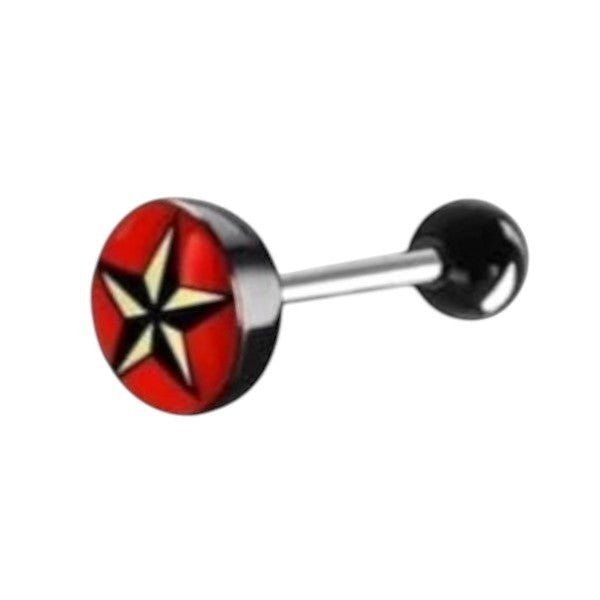 Aramat Jewels surgical steel tongue piercing with black acrylic ball and red top featuring a nautical star design.