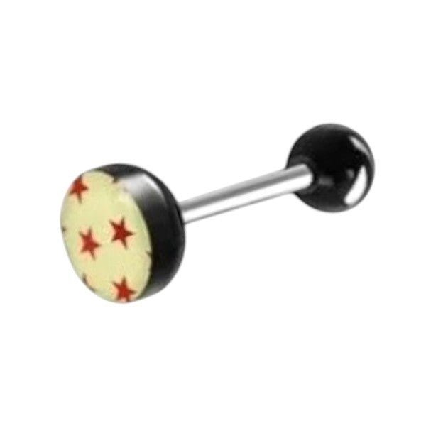 Aramat Jewels surgical steel tongue piercing with black acrylic ball and cream top featuring red stars.