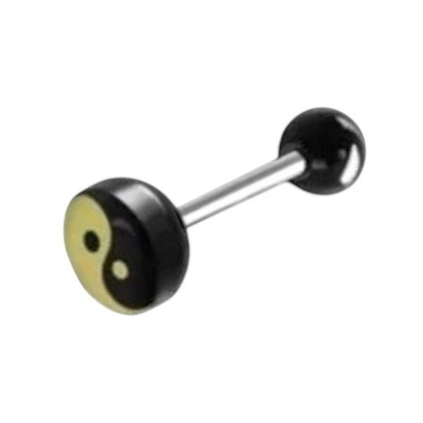 Aramat Jewels black and yellow yin yang logo tongue piercing with a black acrylic ball and a steel bar.