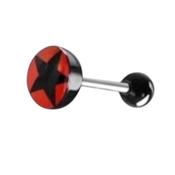 Aramat Jewels black acrylic ball tongue piercing with a red and black star logo top.