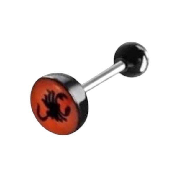 Aramat Jewels scorpion logo tongue piercing with orange acrylic top and black acrylic ball end.