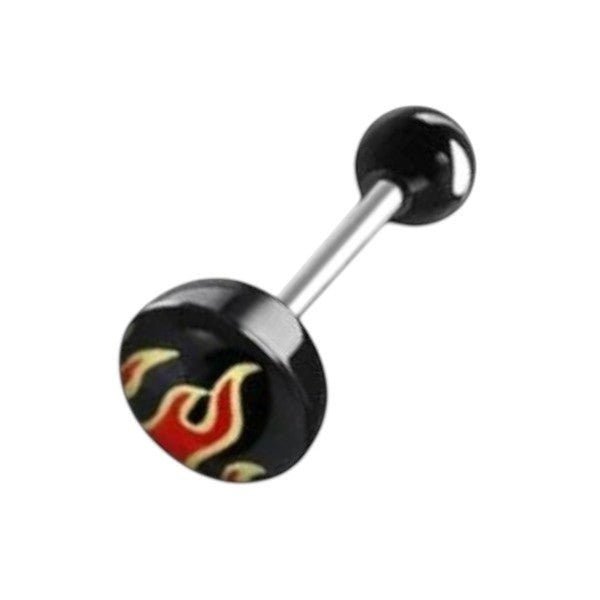 Aramat Jewels black tongue piercing with flame design and black acrylic ball. Surgical steel barbell.