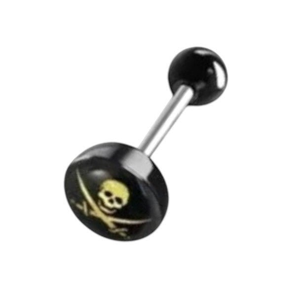 Aramat Jewels black acrylic tongue piercing with a skull and crossbones logo and a black acrylic ball.