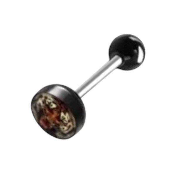 Aramat Jewels surgical steel tongue piercing with black acrylic ball and a decorative logo top.