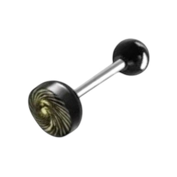 Aramat Jewels black acrylic ball tongue piercing with a swirled black and gold top.