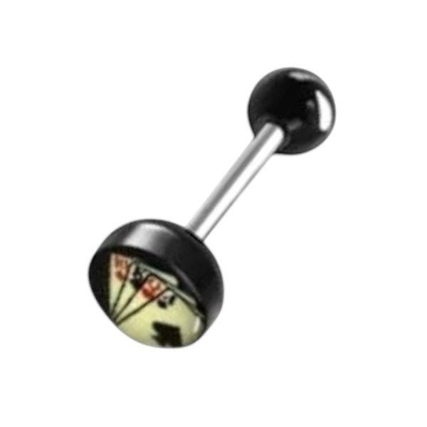 Aramat Jewels surgical steel tongue piercing with black acrylic ball and a decorative top featuring a fan design.