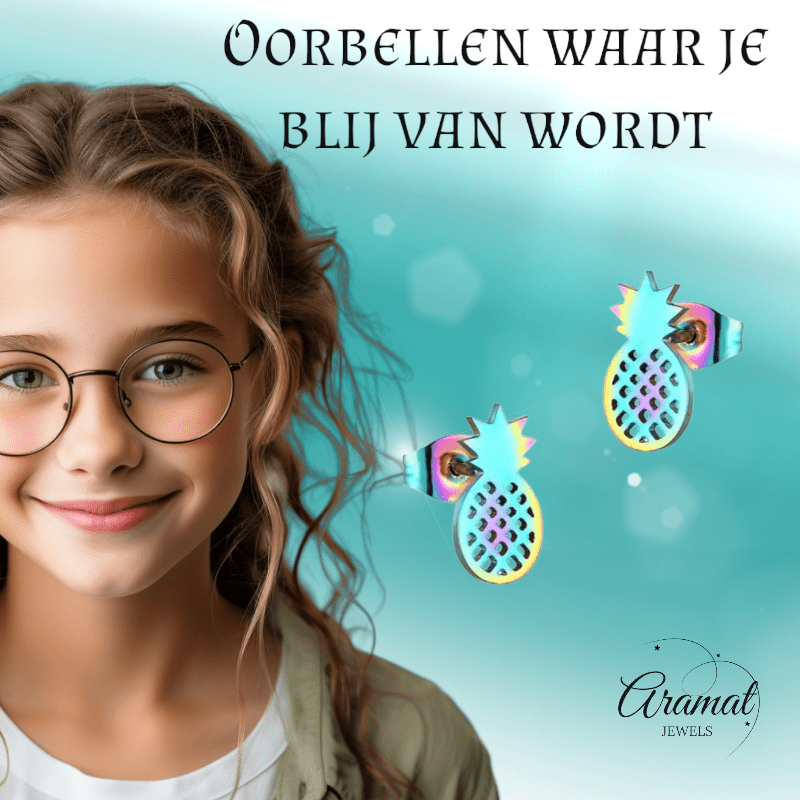 Stalen Oorbellen Ananas - Zomerse Accessoires - oor4399 - Oorbellen kopen# - Multikleurig - 10mm - 5mm