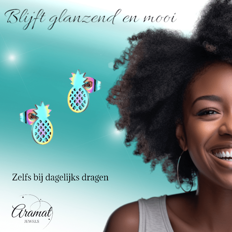 Stalen Oorbellen Ananas - Zomerse Accessoires - oor4399 - Oorbellen kopen# - Multikleurig - 10mm - 5mm