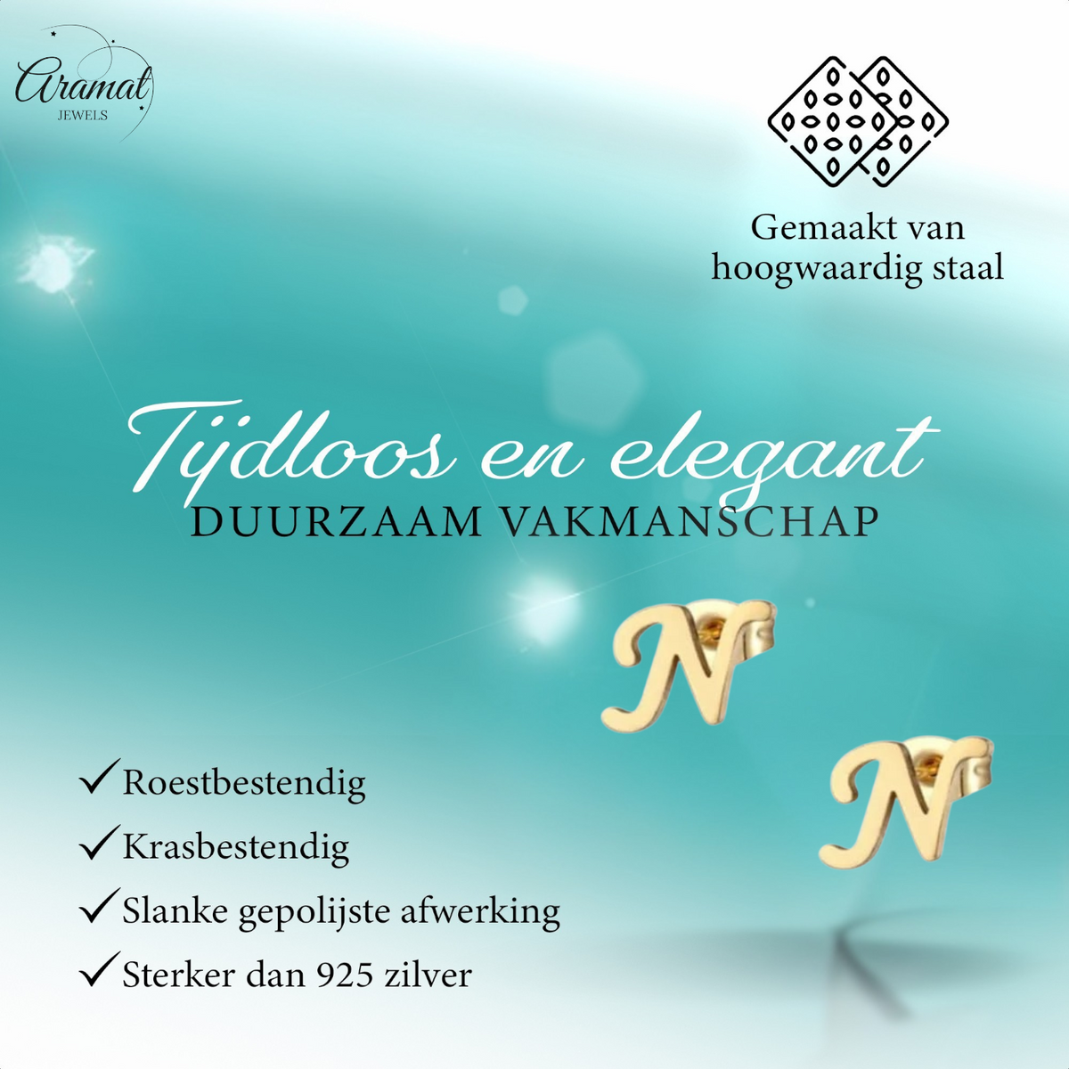 RVS letter N oorstekers goudkleurig