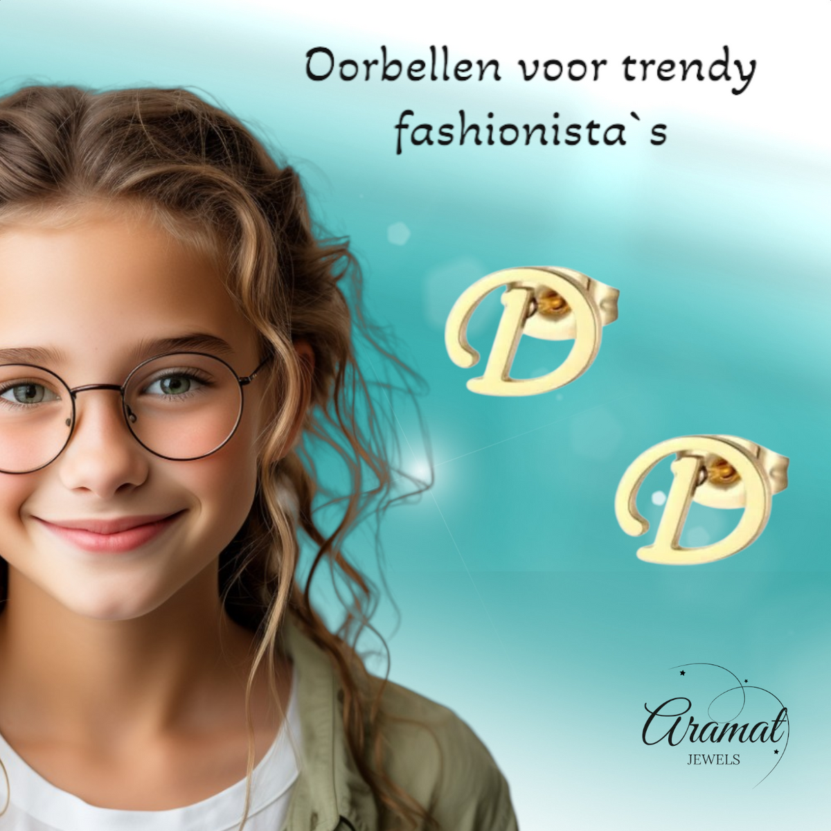 Goudkleurige RVS oorstekers Letter D
