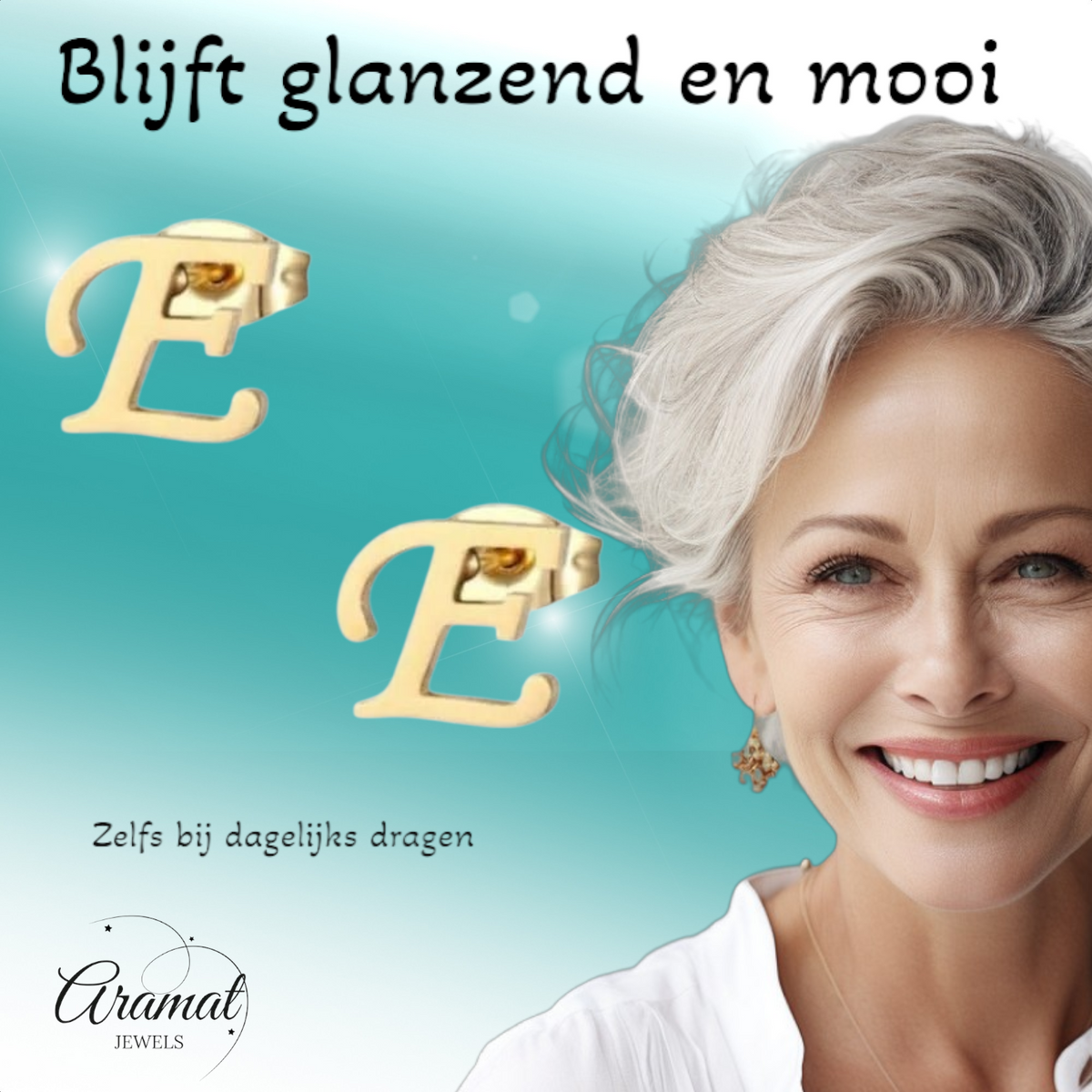 Goudkleurige RVS oorstekers Letter E