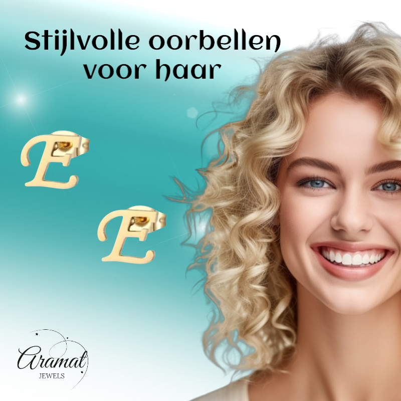 Goudkleurige RVS oorstekers Letter E