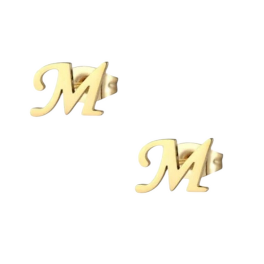 Stainless steel letter M stud earrings, gold-coloured