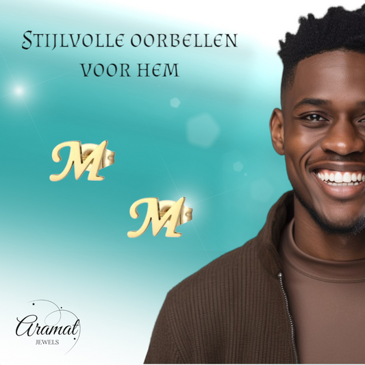 Stainless steel letter M stud earrings, gold-coloured