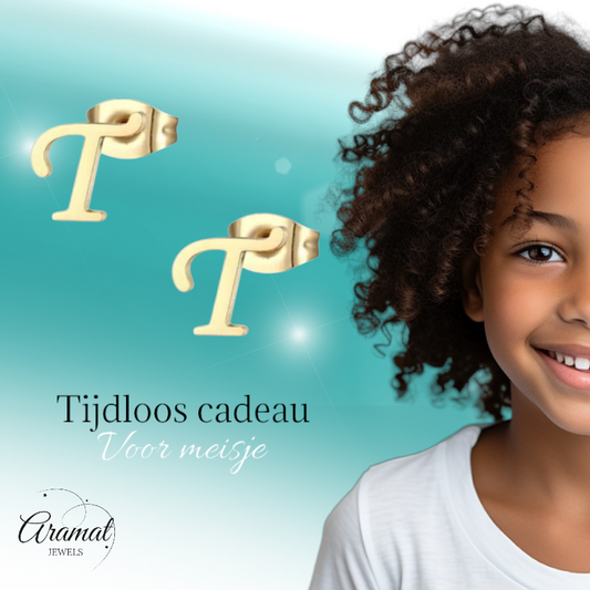 Gold-colored stainless steel letter T earrings – initial