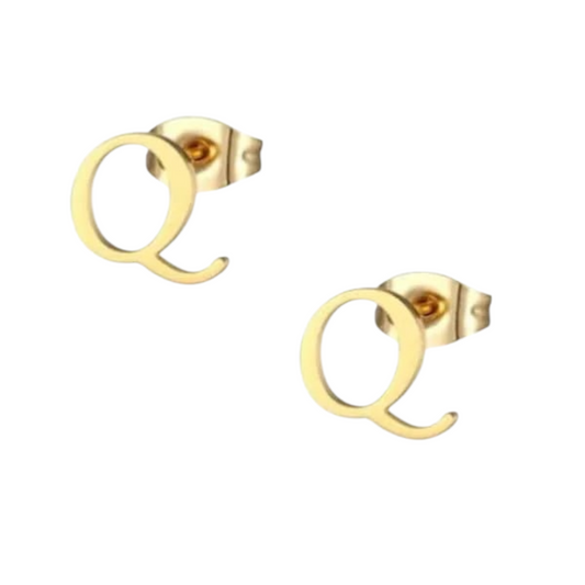Stainless steel letter Q ear studs, gold-colored