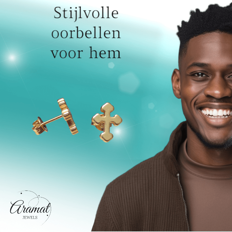 Stalen Oorbellen kruisje – Goudkleur – 11x9mm - Aramat Jewels - Oorbellen - cadeautip