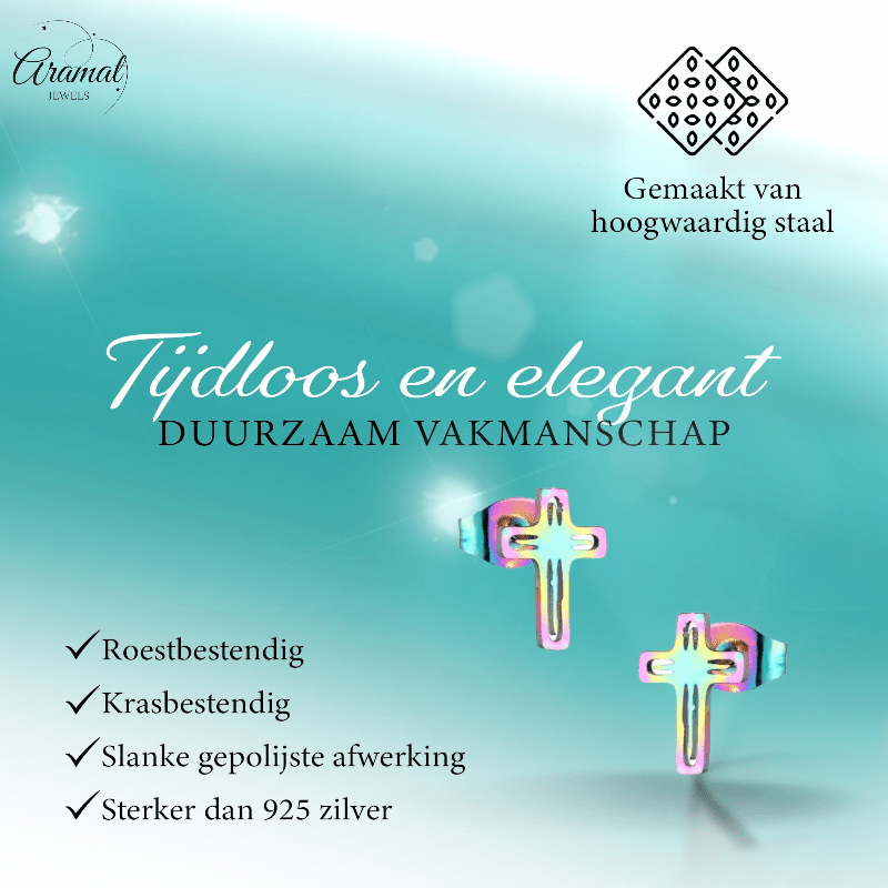 Stalen Oorbellen kruisje – Multikleur – 10x7mm - Aramat Jewels - Oorbellen - cadeautip