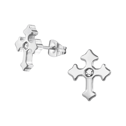 Stalen Oorbellen met kruisje met klein steentje – Zilverkleur – 12x10mm - oor3343 - 30176 - Oorbellen kopen# - 12mm - alles - cadeau