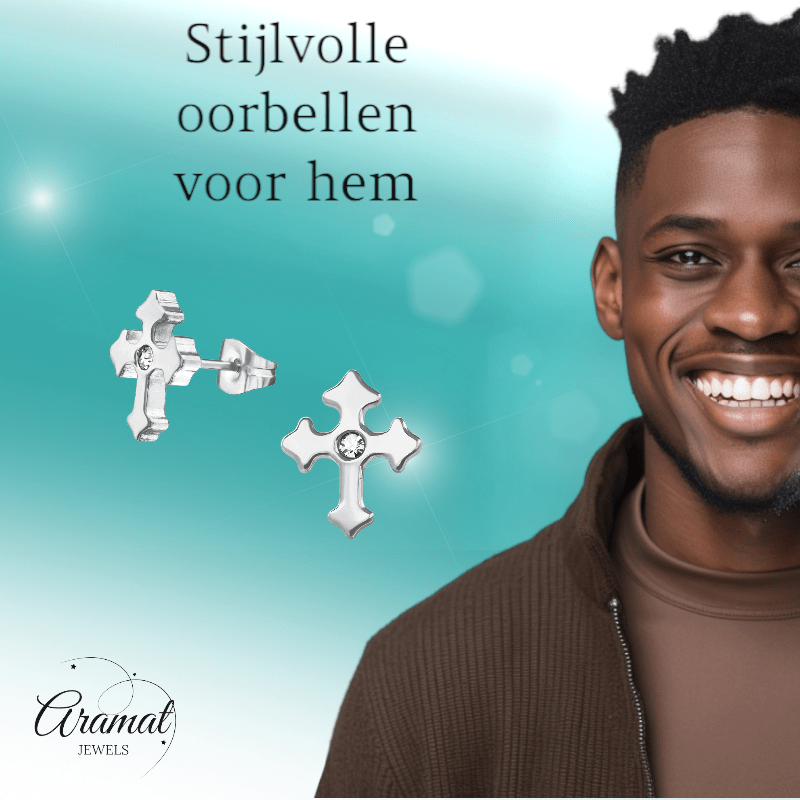Stalen Oorbellen met kruisje met klein steentje – Zilverkleur – 12x10mm - oor3343 - 30176 - Oorbellen kopen# - 12mm - alles - cadeau