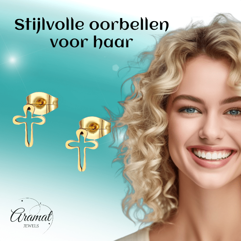 Stalen Oorbellen met open kruisje – Goudkleur – 10x8mm - Aramat Jewels - Oorbellen - cadeautip