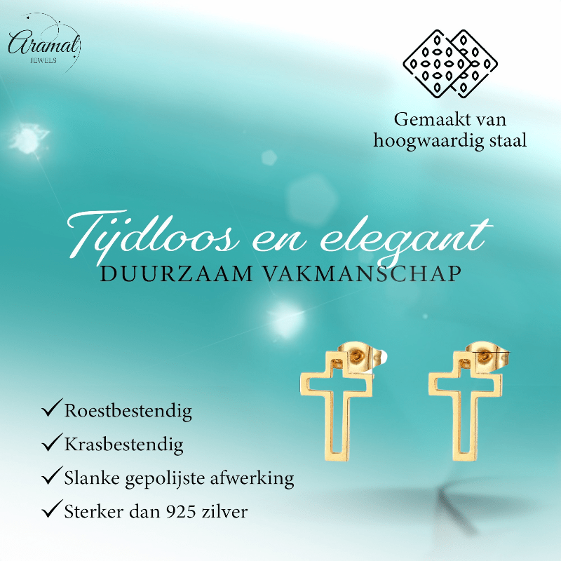 Stalen Oorbellen met opengewerkt kruisje – Goudkleur – 10x7mm - Aramat Jewels - Oorbellen - cadeautip
