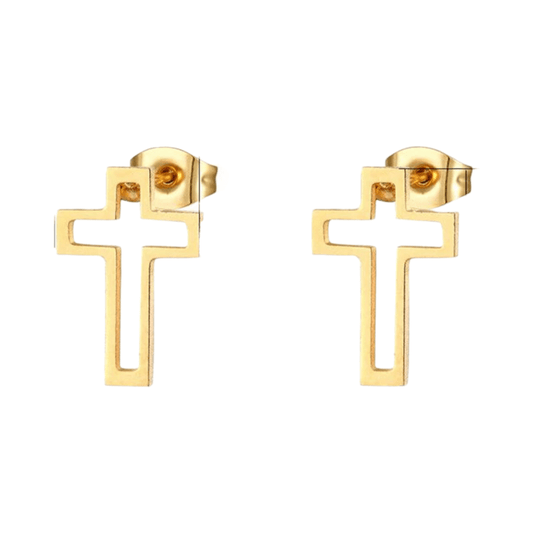 Stalen Oorbellen met opengewerkt kruisje – Goudkleur – 10x7mm - Aramat Jewels - Oorbellen - cadeautip