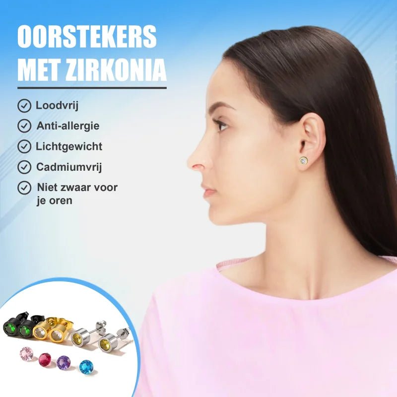 Zirkonia oorbellen in meerdere kleuren naast een profielaanzicht om hun draagbaarheid aan te tonen.